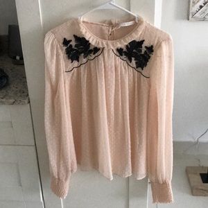 Blush Blouse with Black Beaded Flowers
